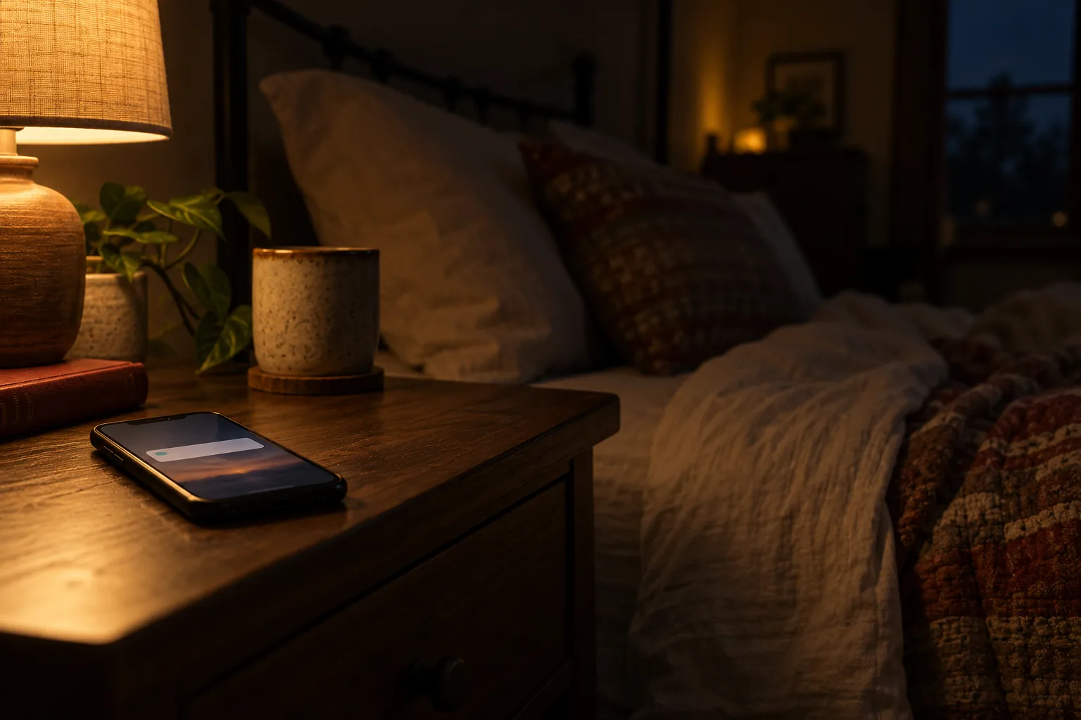 A phone quietly illuminates a walnut nightstand in a dark bedroom.