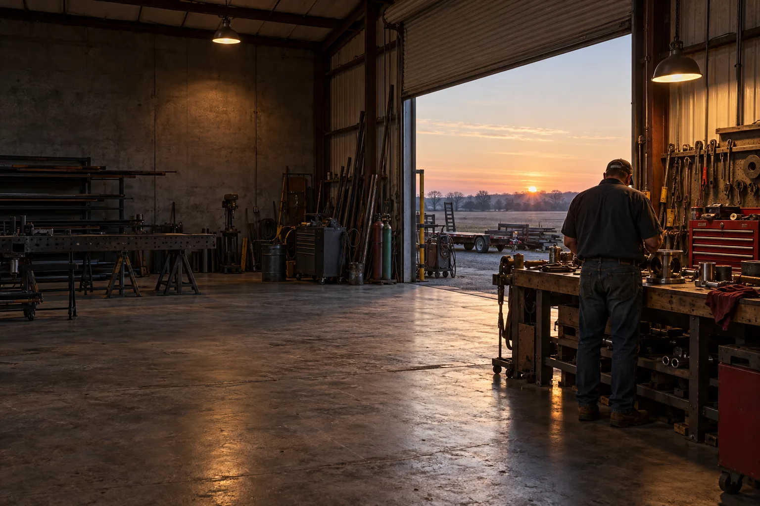 A worker opens a Northeast Arkansas repair shop at dawn.