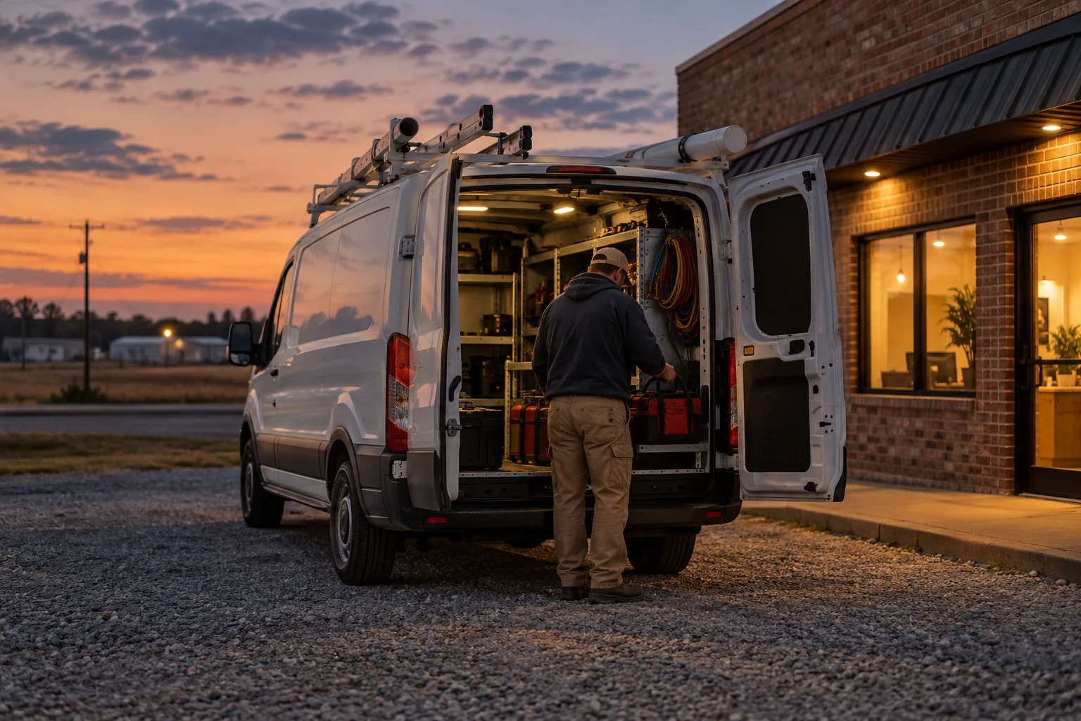 An HVAC technician packs a service van at dusk.
